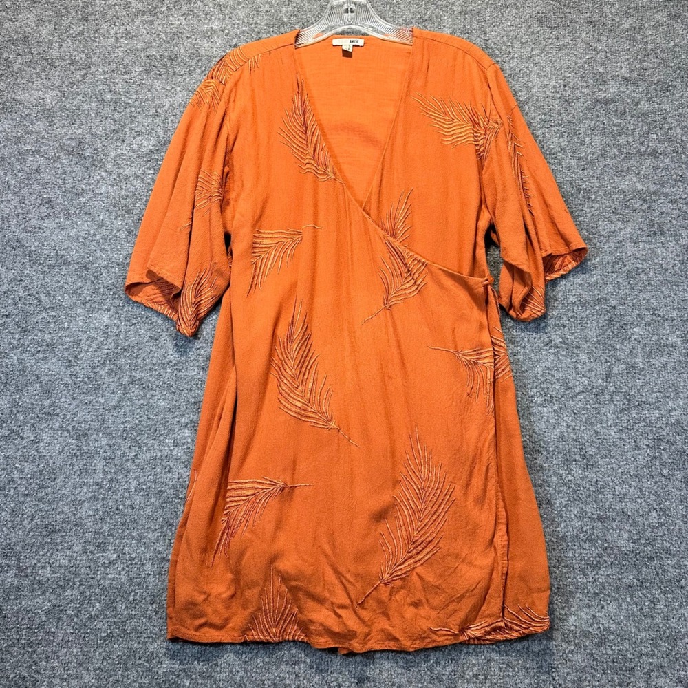 Amuse Society Wrap Dress Women Small Orange Embroidered Feather Boho Summer